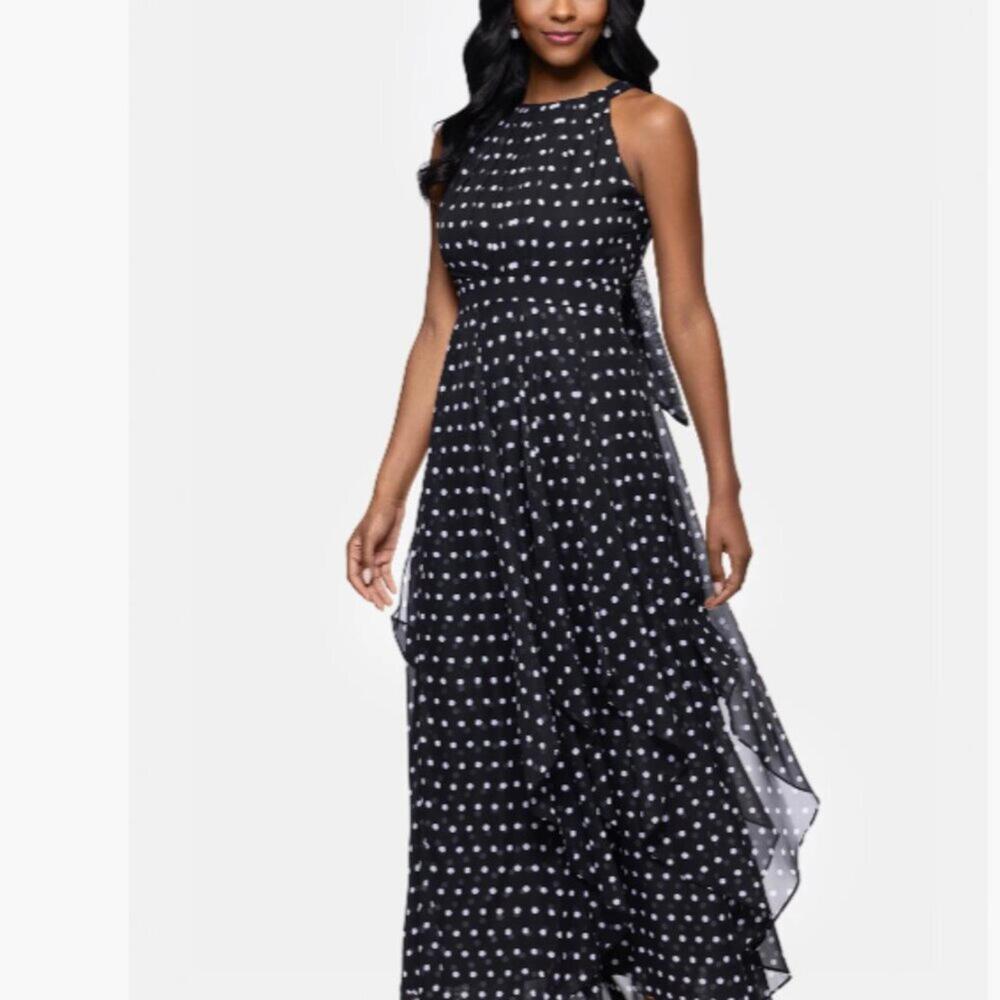 Betsy & Adam Polka Dot Handkerchief Hem Gown size 4 NWT Maxi Flowy Semi Formal